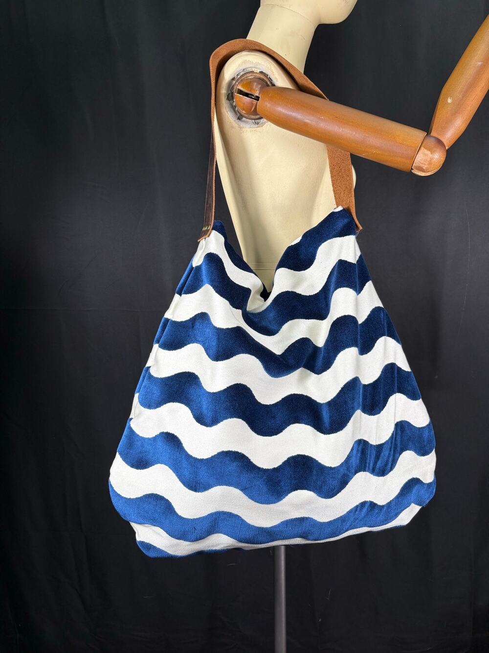 Large Hobo Bag Handcrafted Satchel Inside Pocket Blue & White Stripes Tote Purse